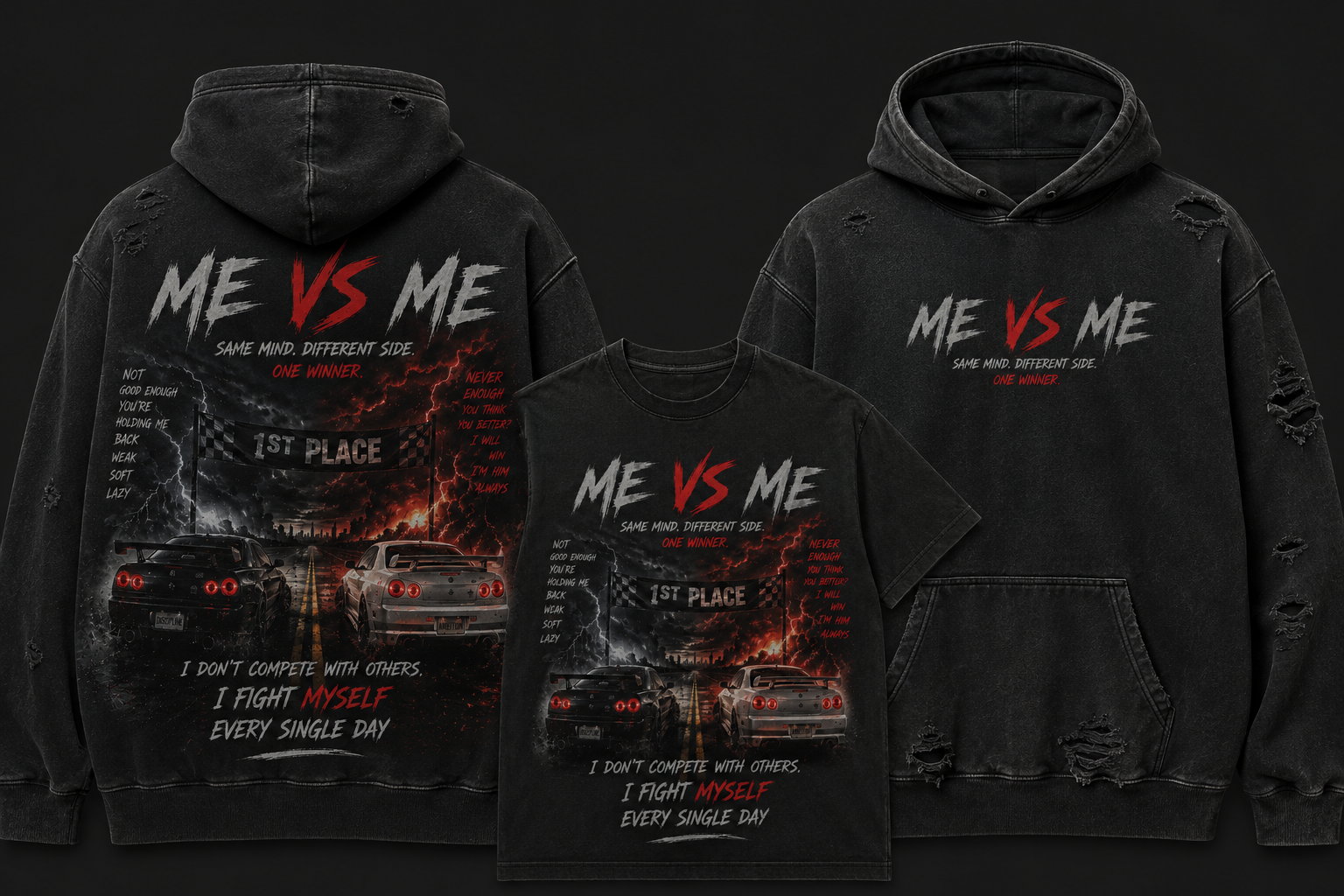 ME VS ME ‘1st Place Mentality’ Vintage Oversized Hoodie – Acid Wash Streetwear with ME VS ME Fight Myself Everyday Graphic Tee